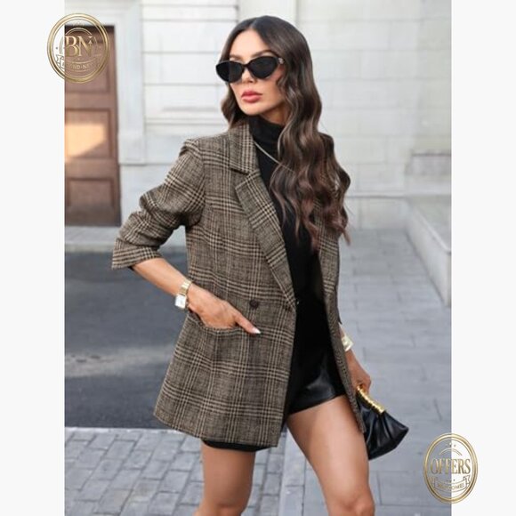 Polyester Tweed Blazer, Double-Breasted Suit Jacket with Pockets - Picture 2 of 7